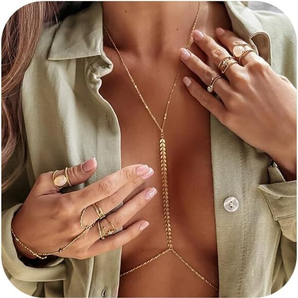 Jewelry - 14K Gold Body Chain for Women Summer Beach Rhinestone Layered Belly Waist Jewelr